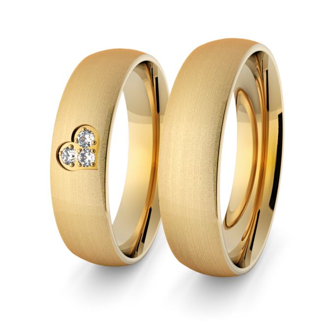 Obrączki ślubne złote klasyczne zaokrąglone z kamieniami i sercem
