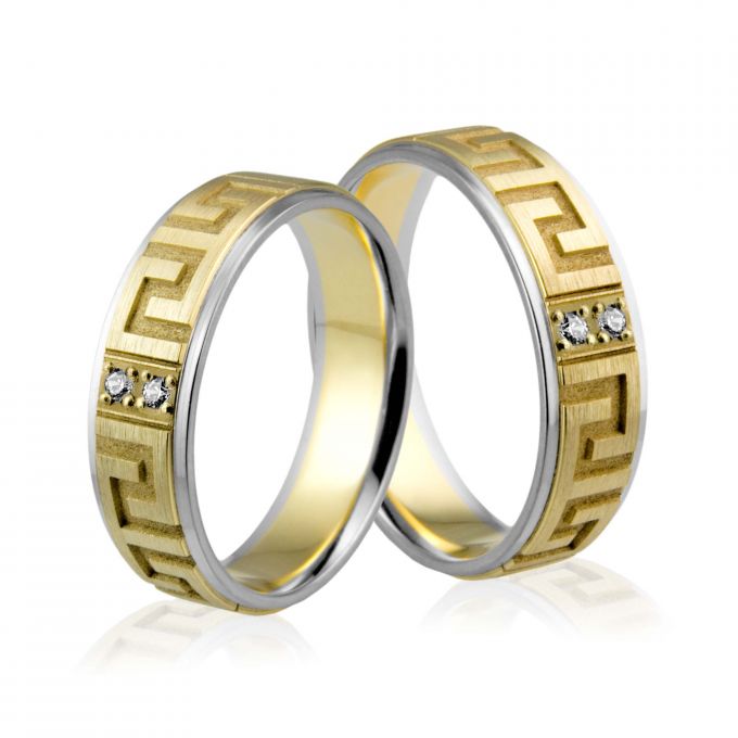Obrączki ślubne złote dwukolorowe z greckim wzorem i brylantami Au-495