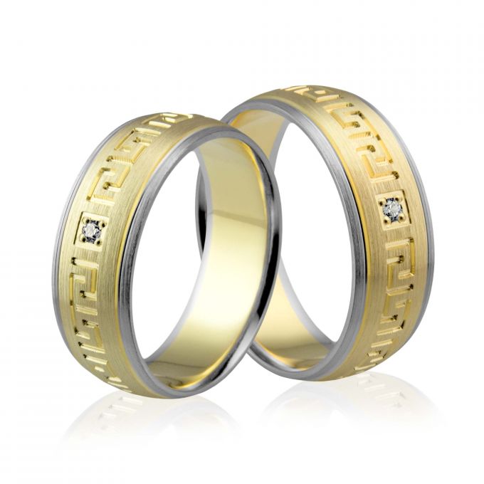Obrączki ślubne złote dwukolorowe z greckim wzorem i brylantem Au-529
