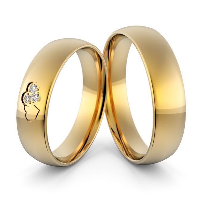 Obrączki ślubne złote klasyczne zaokrąglone ze splecionymi sercami i brylantami