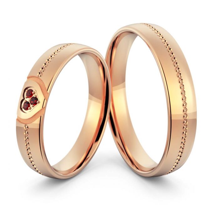 Obrączki ślubne z różowego złota z sercem i rubinami Au-1194