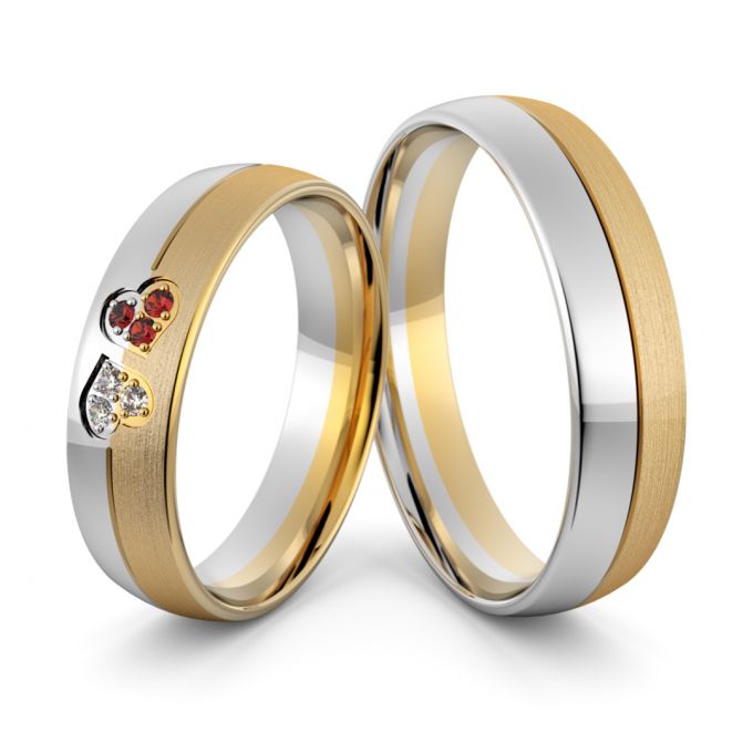 Obrączki ślubne dwukolorowe złota z sercami i cyrkoniami - Au-1023
