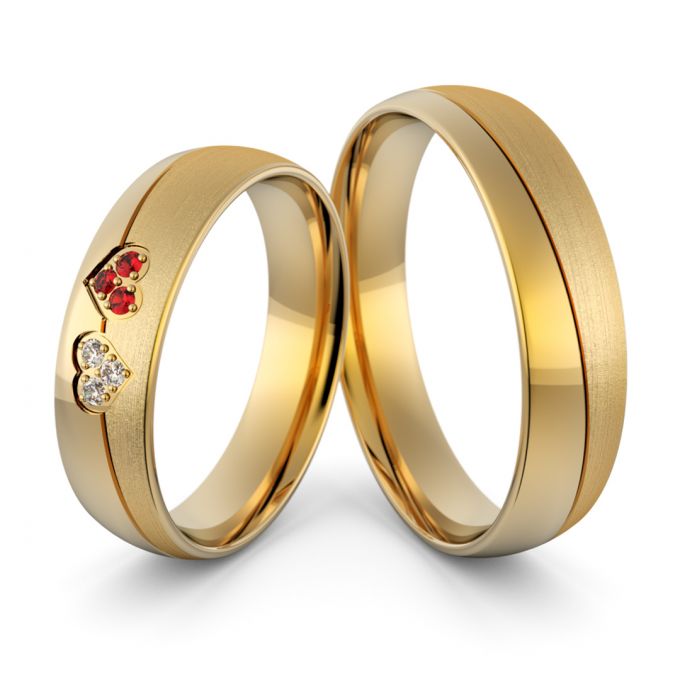 Obrączki ślubne z sercami cyrkoniami i rubinami - Au-1051