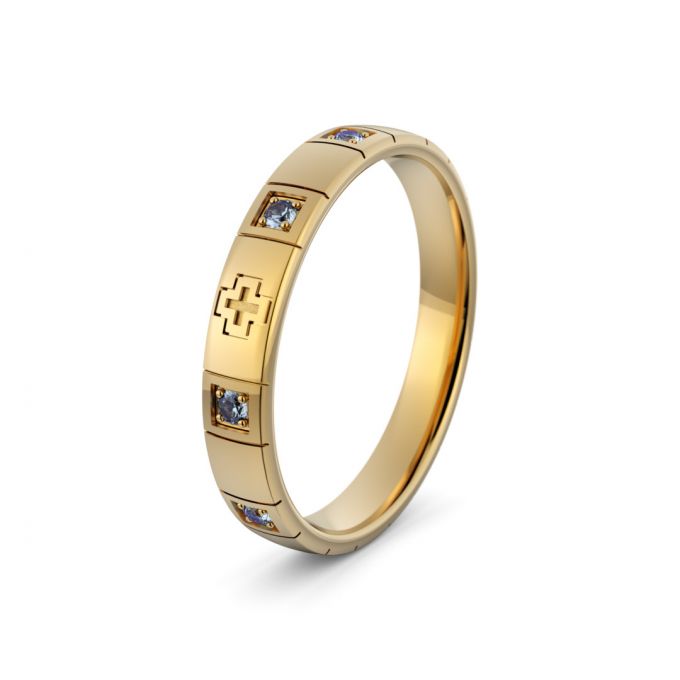 Pierścionek złoty różaniec z niebieskimi brylantami - Au-1086